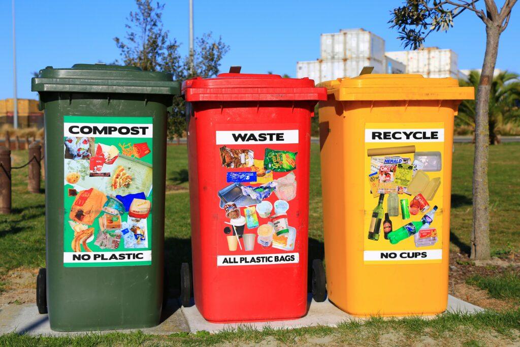 Images of compost, recycling, and waste bins