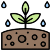 Alternative Text: A symbolic illustration featuring soil, a plant, and a water drop, representing sustainable growth and environmental health.